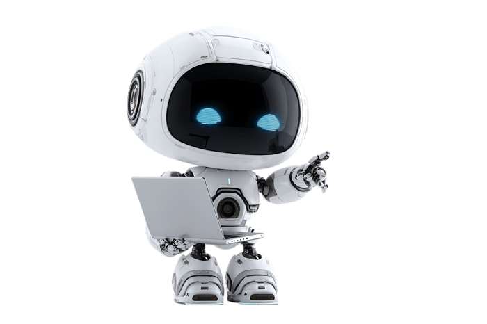Cute robot holding laptop, pointing finger.