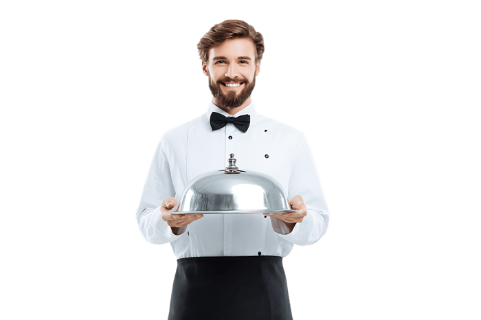 Happy waiter holding a silver food cloche. Restaurant, service, hospitality concept183.