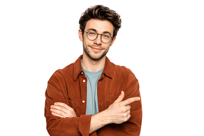 Smiling man pointing, casual style, isolated on black background.