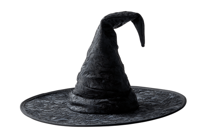 Mysterious black witch hat on dark background