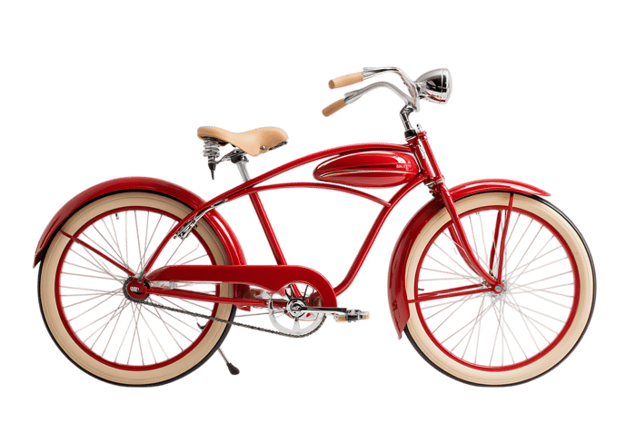 Vintage style red bicycle with cream tires and details.