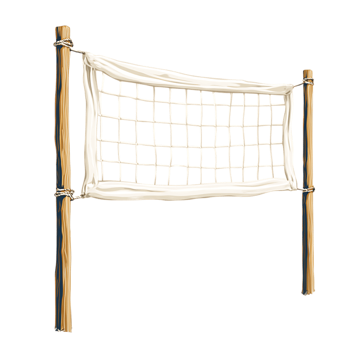 Simple volleyball net on wooden posts, isolated on black background.