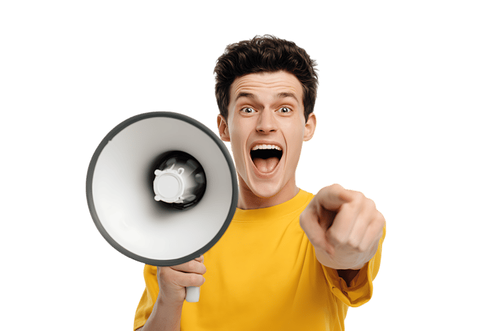 Young man shouting into a megaphone, pointing finger.