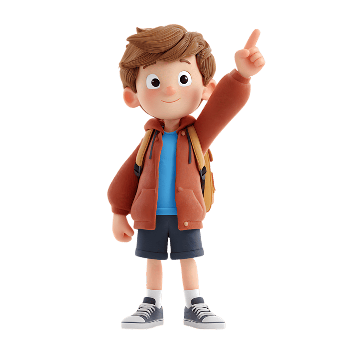 Cute cartoon boy pointing upwards. Ideal for educational or adventure themes.