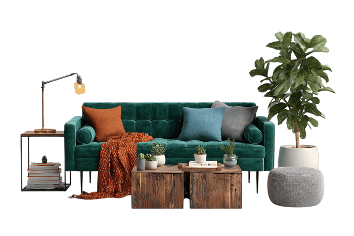 Stylish and comfortable living room with green velvet sofa, wooden furniture, and plants.