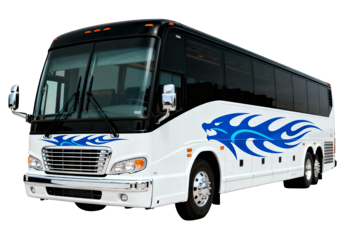 White tour bus with blue dragon design