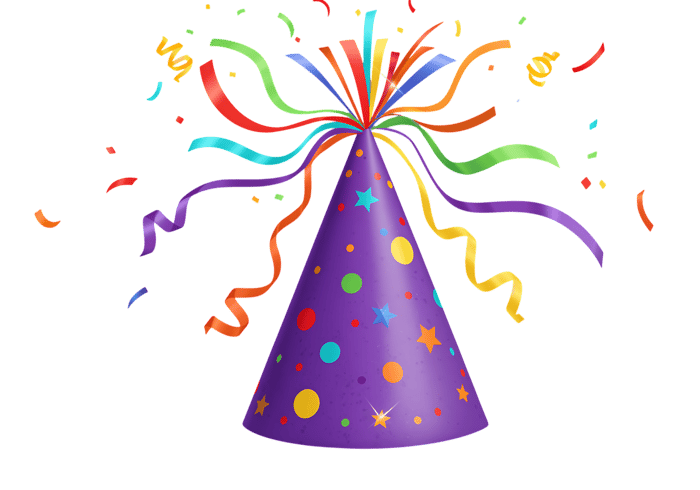 Purple party hat with colorful streamers and confetti