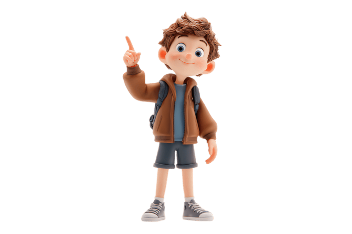 Cartoon boy pointing up with backpack