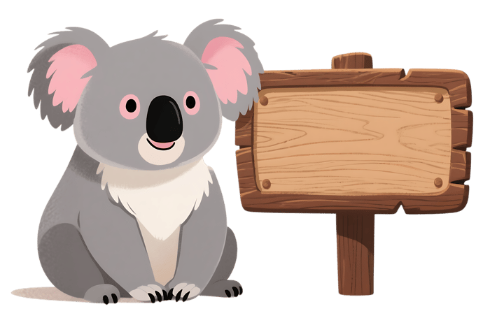 Cartoon koala bear with blank wood sign