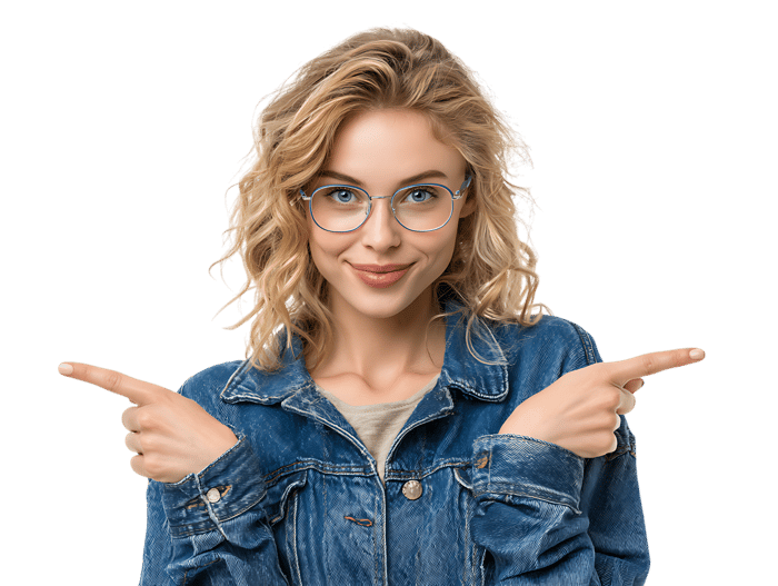 Smiling woman in glasses pointing sideways, presenting two options or making a choice.