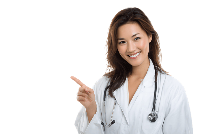 Smiling Asian female doctor points171.