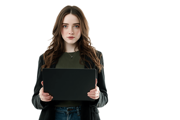 Young woman holding laptop, serious expression.