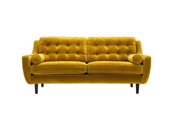 Elegant mustard yellow velvet sofa, perfect for modern living rooms.