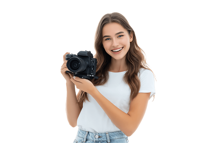 Smiling young woman photographer holding a camera.