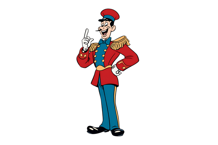 Cartoon ringmaster character in red uniform pointing