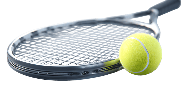 Dynamic close up of tennis ball and racket with water splash.
