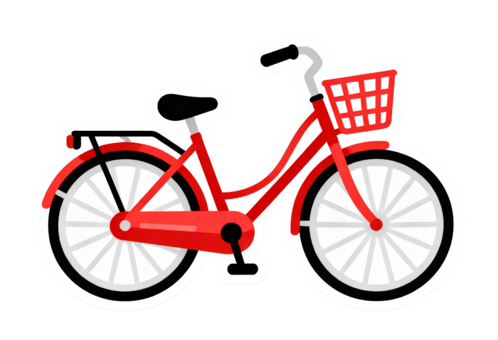 Red bicycle with basket, transportation and recreation graphic