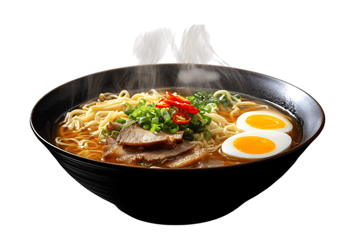 Delicious steaming ramen bowl with egg and meat.