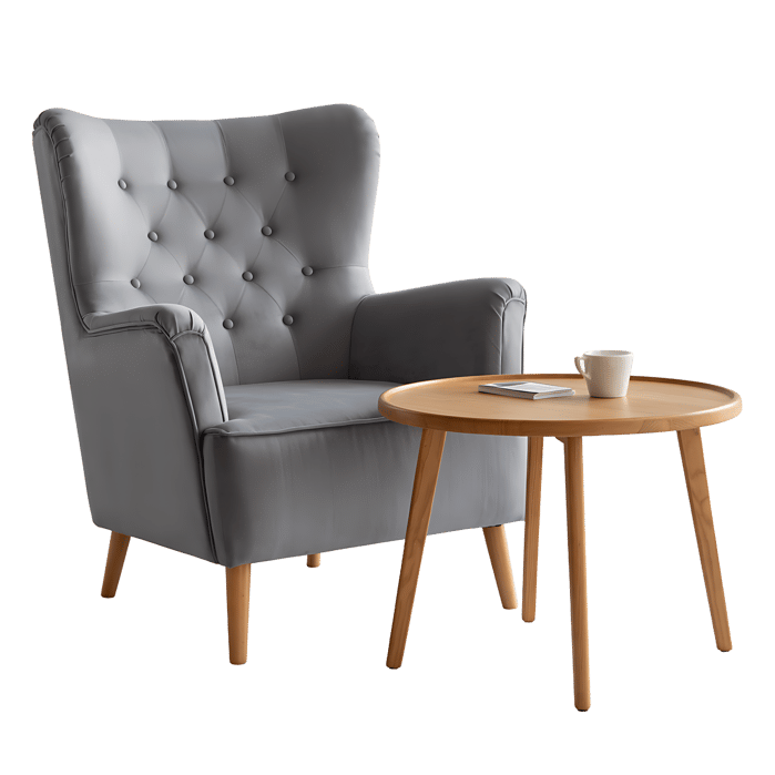 Grey armchair and round wooden side table