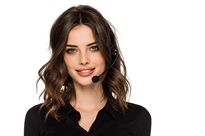Friendly woman wearing a headset, providing customer service.