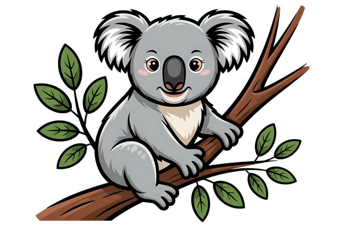 Cartoon koala on branch, cute animal illustration