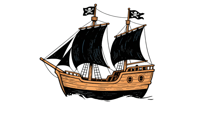 Pirate ship with skull flag sailing on the ocean