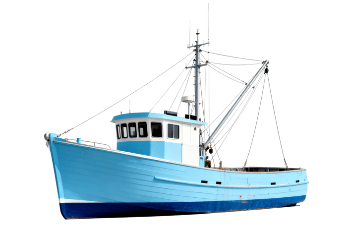 Blue and white commercial fishing boat on transparent background