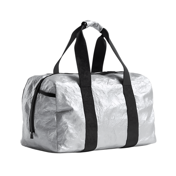 Silver crumpled duffel bag with black straps