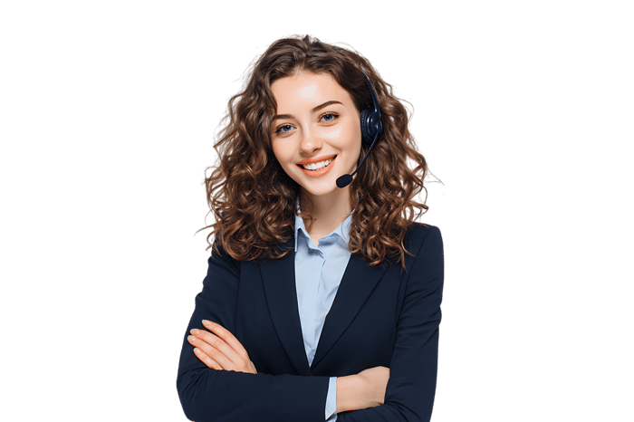 Happy female customer support representative wearing headset