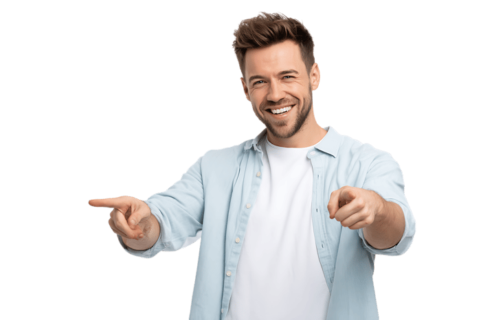 Smiling man points towards viewer, joyful expression.