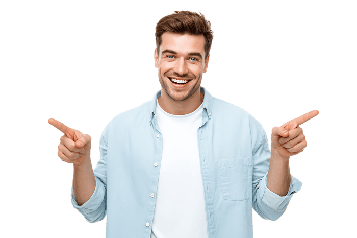 Happy man pointing to both sides, presenting a choice or options.