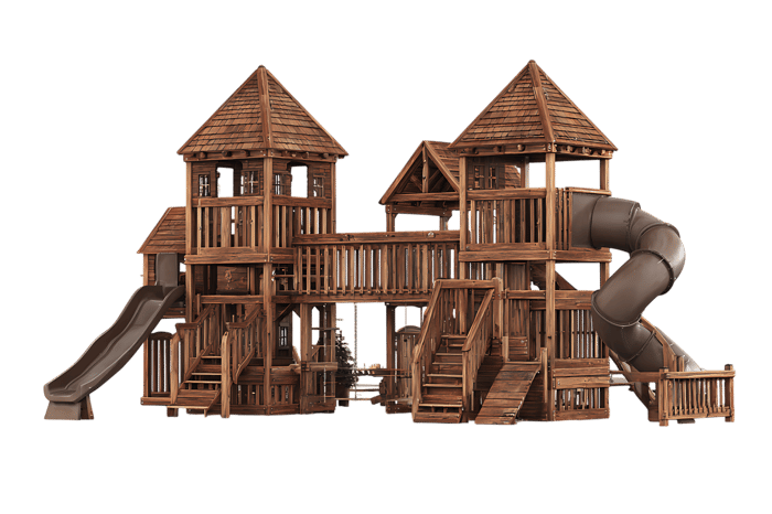 Large wooden playground with slides and towers