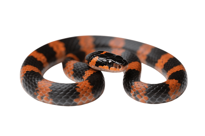 Striking orange and black ringed snake coiled