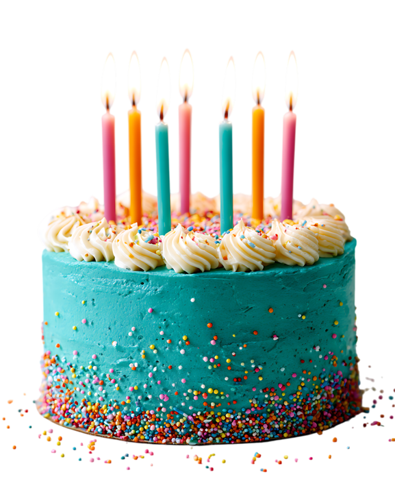 Teal birthday cake with colorful candles