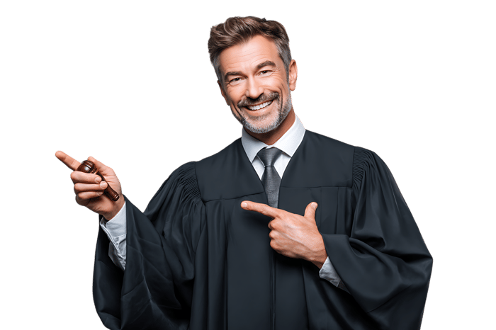 Confident lawyer, attorney, or judge pointing to copy space. Legal advice, court, lawsuit concept.