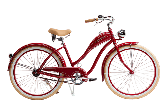 Vintage style red bicycle with chrome accents and cream tires.
