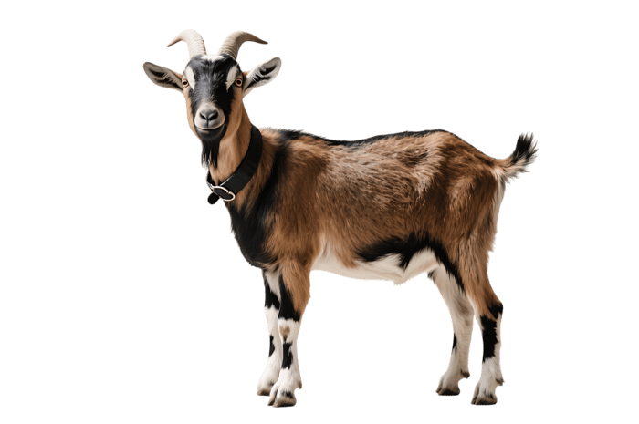 Brown, black, and white goat with collar