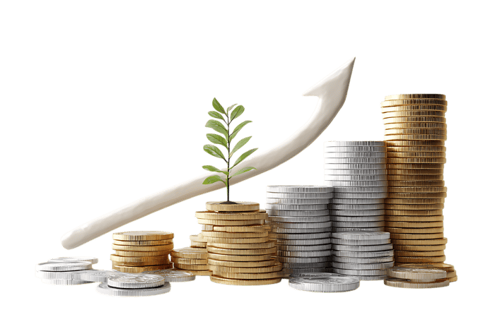 Stacks of coins with upward arrow and plant, symbolizing investment growth.