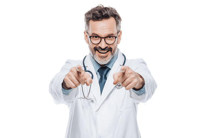 Smiling doctor points at you