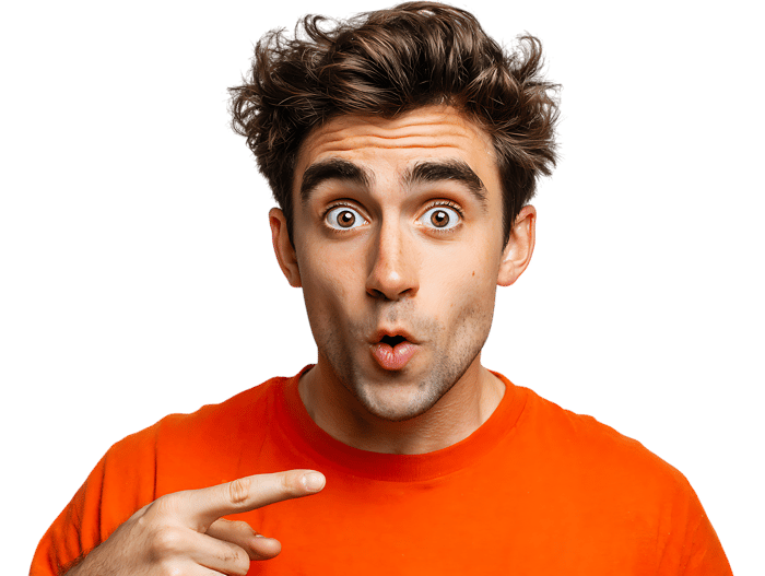 Shocked man points finger at himself with surprised expression.