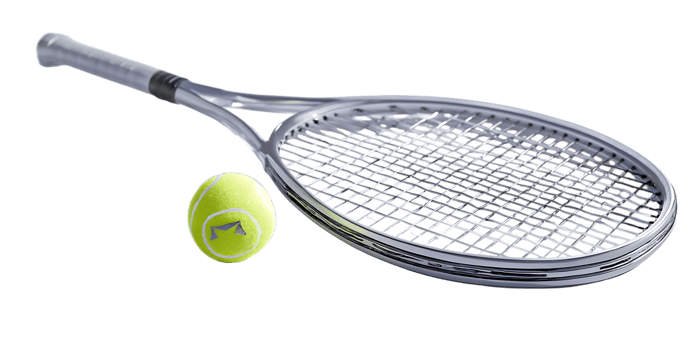 Modern transparent tennis racket with a bright yellow tennis ball