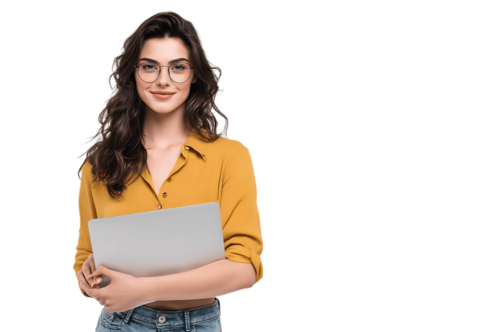 Smiling woman holding documents, business portrait
