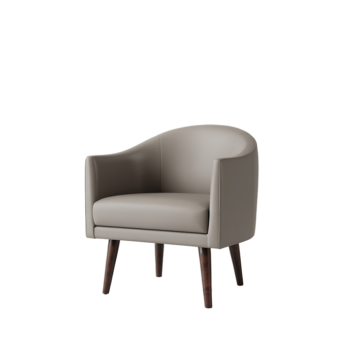 Modern beige armchair with wooden legs.