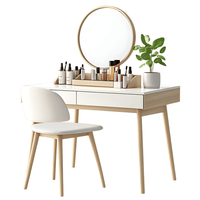 Modern white dressing table with mirror and chair