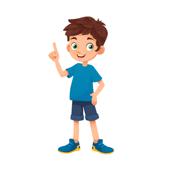 Cartoon boy pointing up with a bright idea.