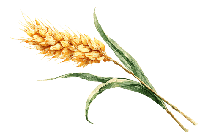 Single stalk of ripe wheat with leaves
