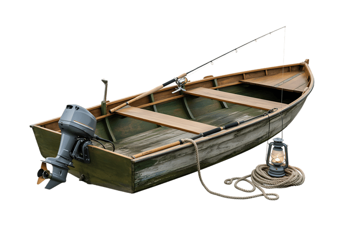 Vintage fishing boat with motor, lantern, and fishing rod