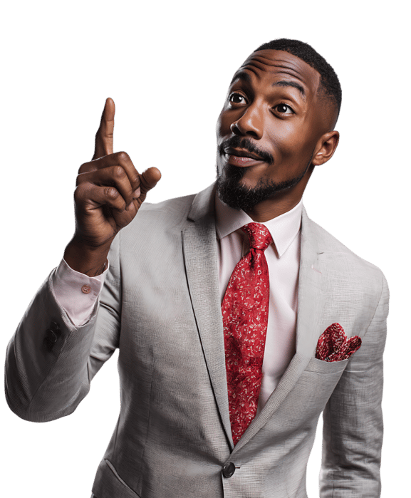 Stylish Black man in suit, pointing up.