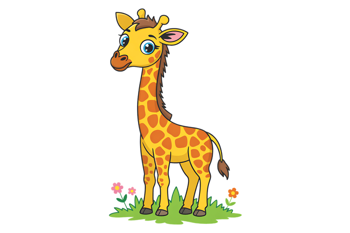 Cartoon giraffe standing on grass with flowers