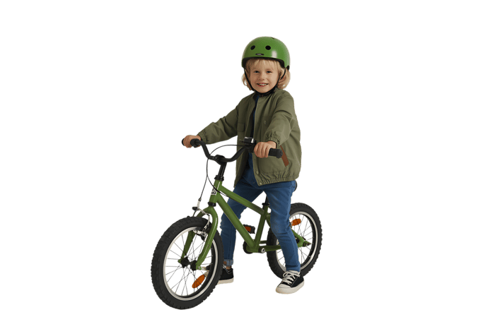 Child riding a green bicycle with matching helmet